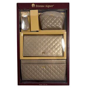 NOS Etienne Aigner Champagne Quilted Leather Four Piece Gift Set Wallet + More